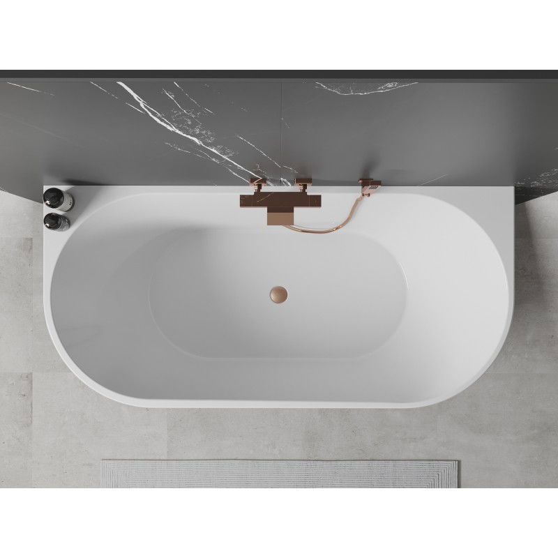 Mexen Oval vasca da bagno autoportante adiacente alla parete 170 x 80 cm, bianca/nera, troppo pieno rame spazzolato