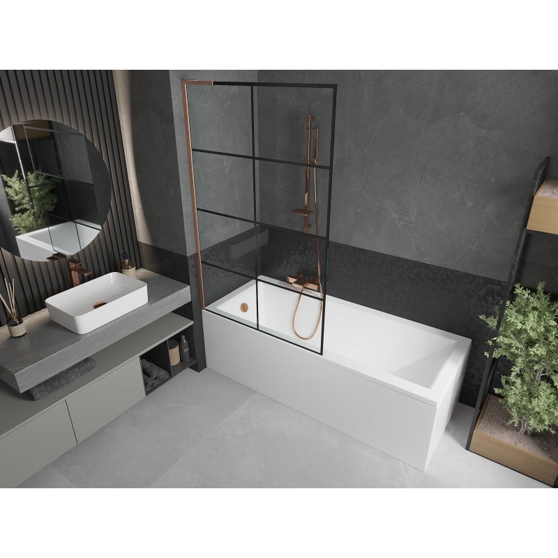 Mexen Next L Bath Screen Single-Panel 100 x 150 cm, Black Grid, Brushed Copper - 895-100-000-03-77-65
