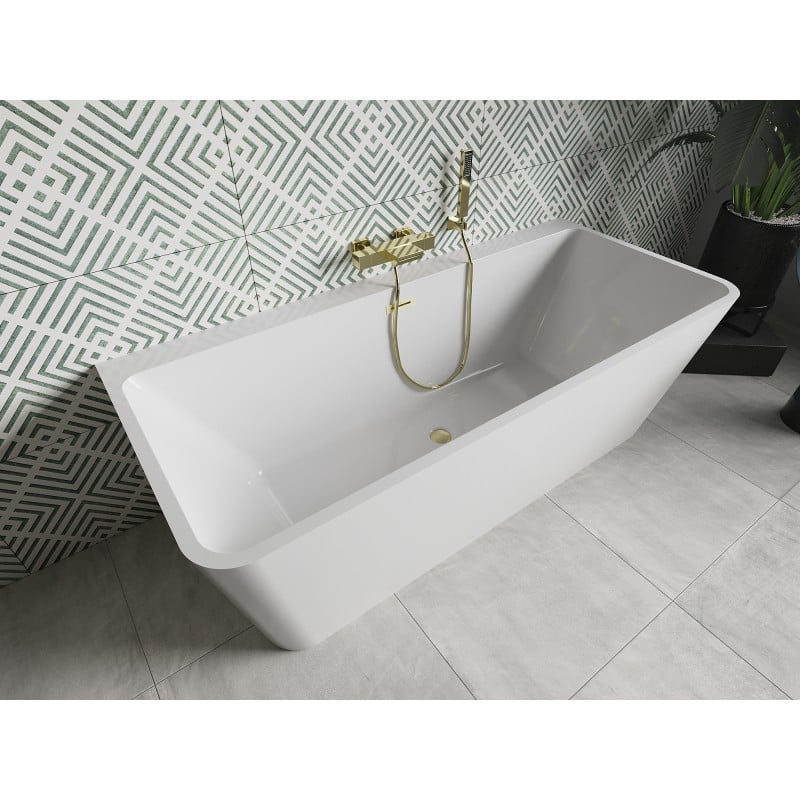 Mexen Volta bañera independiente adosada 150 x 75 cm, blanca, rebosadero dorado cepillado - 51131507500-55