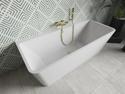 Mexen Volta freistehende Wandbadewanne 150 x 75 cm, weiß, mit gebürstetem Goldüberlauf - 51131507500-55