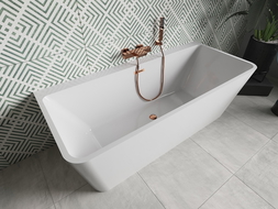 Mexen Volta freistehende Badewanne an der Wand 150 x 75 cm, weiß, Überlauf roségold - 51131507500-60
