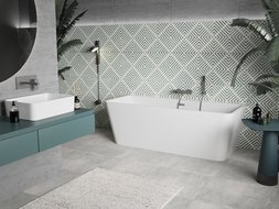 Mexen Volta vasca da bagno indipendente a parete 150 x 75 cm, bianca, troppopieno grigio canna di fucile spazzolato