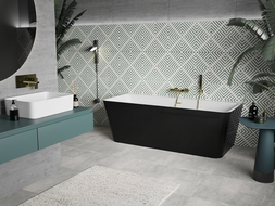 Mexen Volta freistehende Wandbadewanne 150 x 75 cm, weiß/schwarz, mit gebürstetem Goldüberlauf - 51131507575-55