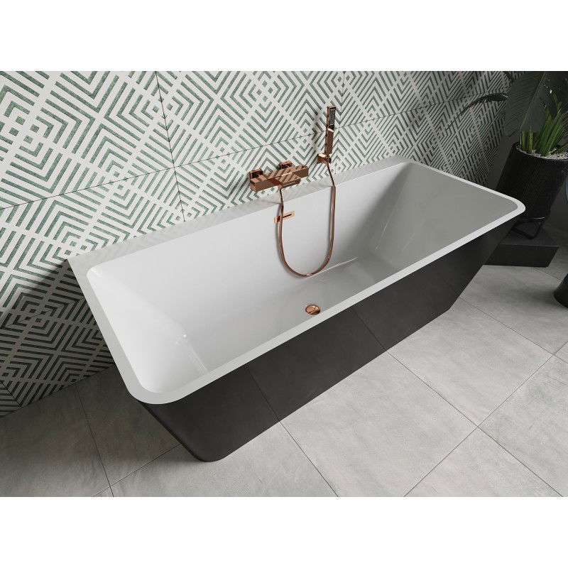 Mexen Volta freistehende, wandstehende Badewanne 150 x 75 cm, weiß/schwarz, Überlauf Roségold - 51131507575-60