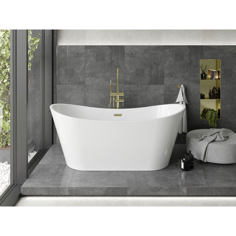 Mexen Montana freistehende Badewanne 180 x 90 cm, weiß, Überlauf gebürstetes Gold - 52011809000-55