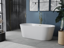 Mexen Luna freistehende Badewanne 160 x 75 cm, weiß, mit Abfluss in gebürstetem Gold - 52031607500-55