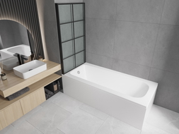 Mexen Vega Rechteckige Badewanne 170 x 70 cm mit Verkleidung und 1-flügeliger Duschabtrennung 80 cm, schwarzes Muster