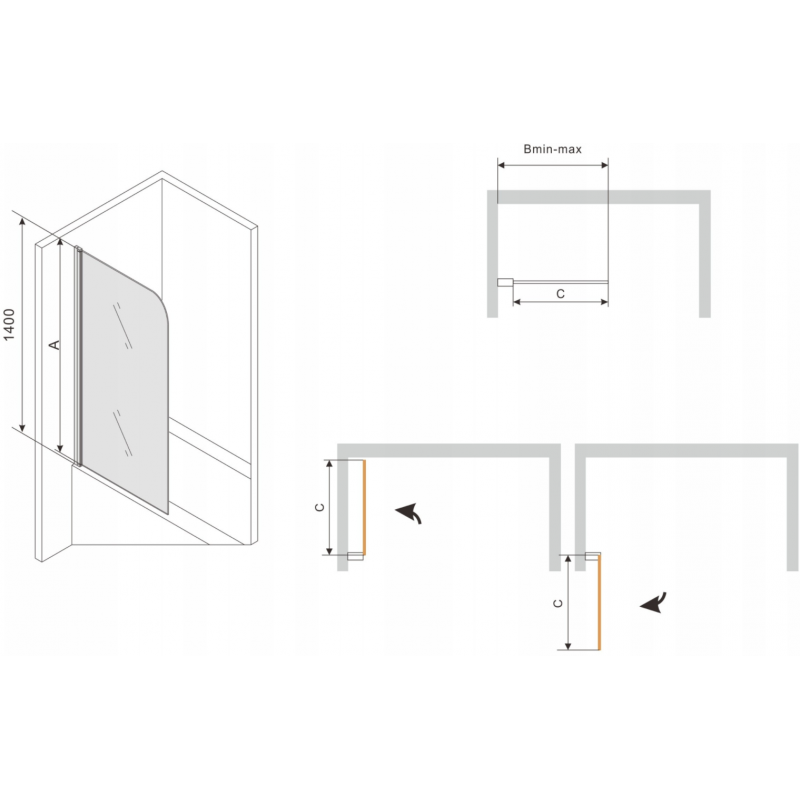Mexen Vega bañera rectangular 180 x 80 cm con carcasa y mampara de 1 hoja de 70 cm, transparente, negro - 550118080X9007017000