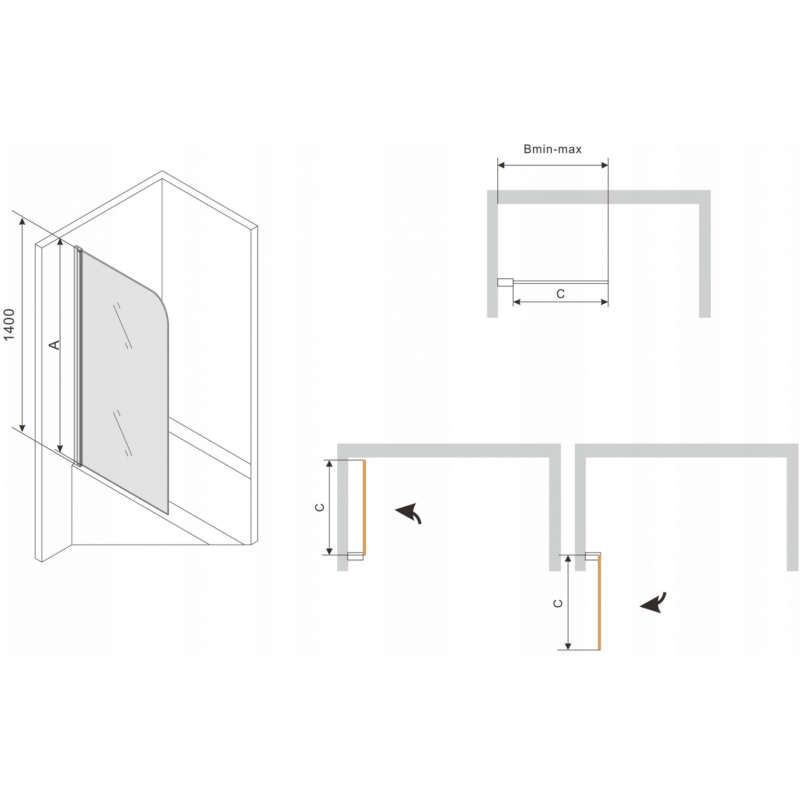Mexen Vega vasca da bagno rettangolare 180 x 80 cm con rivestimento e paravento a 1 anta 70 cm, trasparente, nero