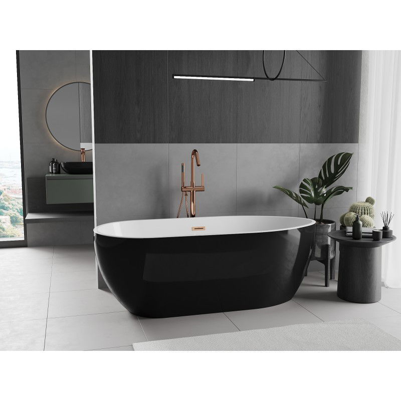 Mexen Eos freistehende Badewanne 150 x 75 cm, weiß/schwarz, Überlauf roségold - 52471507575-60