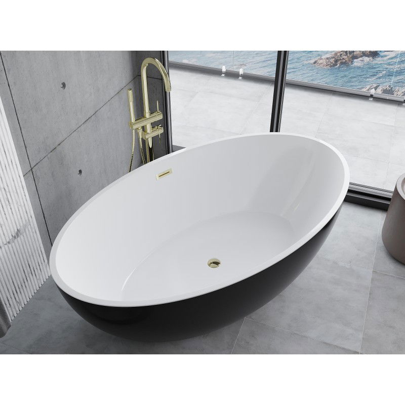 Mexen Nike freistehende Badewanne 175 x 100 cm, weiß/schwarz, Überlauf gold - 54071751075-50