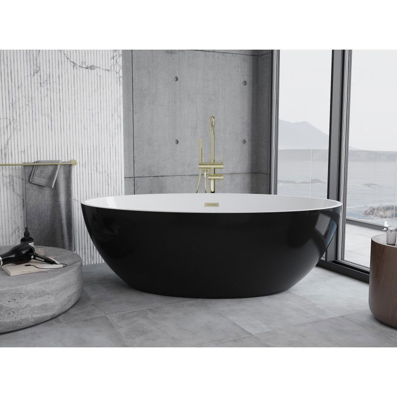 Mexen Nike freistehende Badewanne 175 x 100 cm, weiß/schwarz, Überlauf gold gebürstet - 54071751075-55