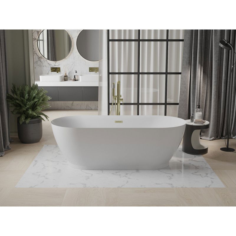 Mexen Roxy vasca da bagno autoportante 180 x 85 cm, bianca, troppo pieno oro spazzolato - 51201808500-55
