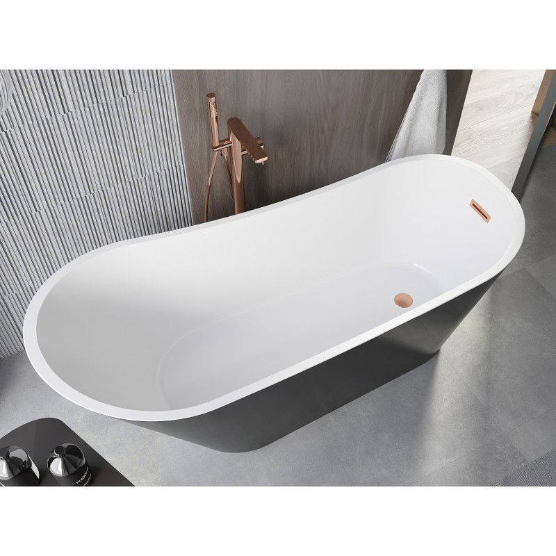 Mexen Alta freistehende Badewanne 170 x 75 cm, weiß/schwarz, Überlauf gebürstetes Kupfer - 52141707575-65