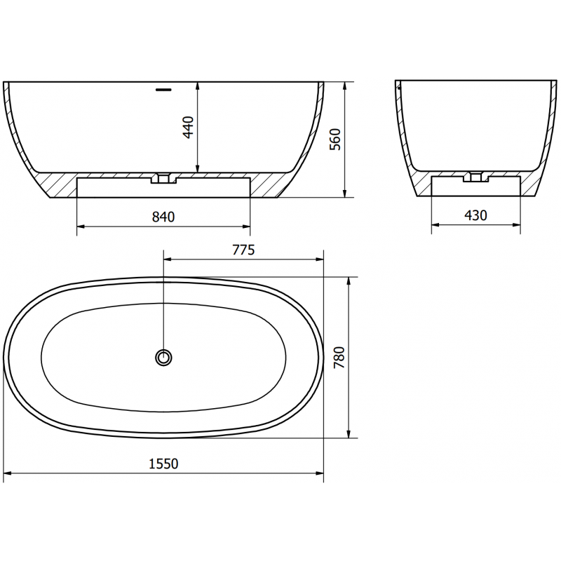Mexen Torino fristående badkar av konglomerat 155 x 78 cm, betong matt - 57271557861