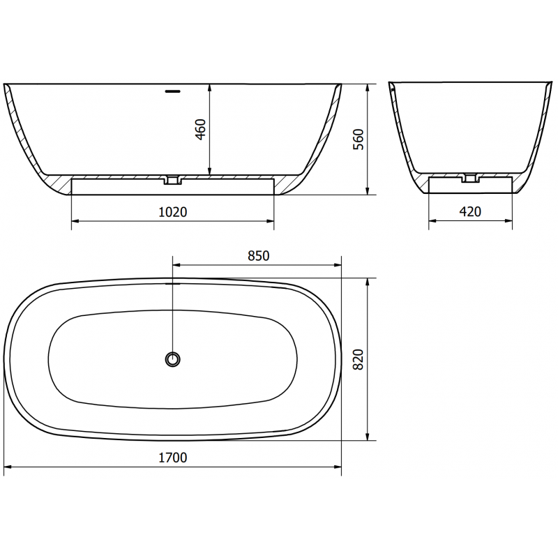 Mexen Como bañera exenta de conglomerado 170 x 82 cm, blanco brillo - 57311708210