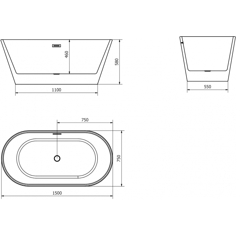Mexen Flavia freestanding bath 150 x 75 cm, white, brushed gun gray overflow - 54031507500-66