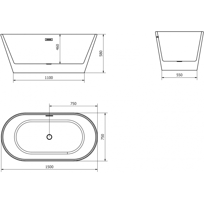 Mexen Flavia freistehende Badewanne 150 x 75 cm, weiß/schwarz, Überlauf gebürsteter Nickel - 54031507575-97