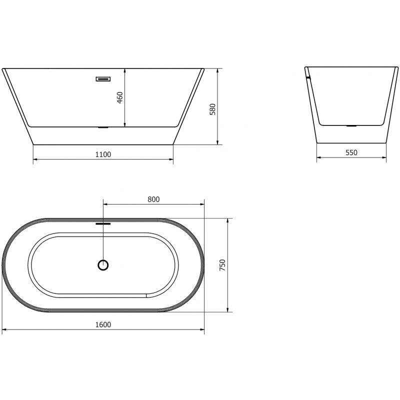 Mexen Flavia vasca da bagno autoportante 160 x 75 cm, bianca/nera, troppopieno cromato - 54031608075-01