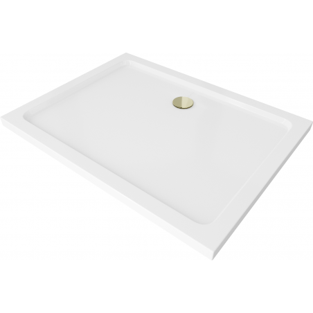 Mexen Flat rechthoekige slim douchebak 130 x 100 cm, wit, gouden sifon - 40101013G