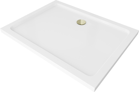 Mexen Flat rectangular slim shower tray 120 x 80 cm, white, golden siphon - 40108012G