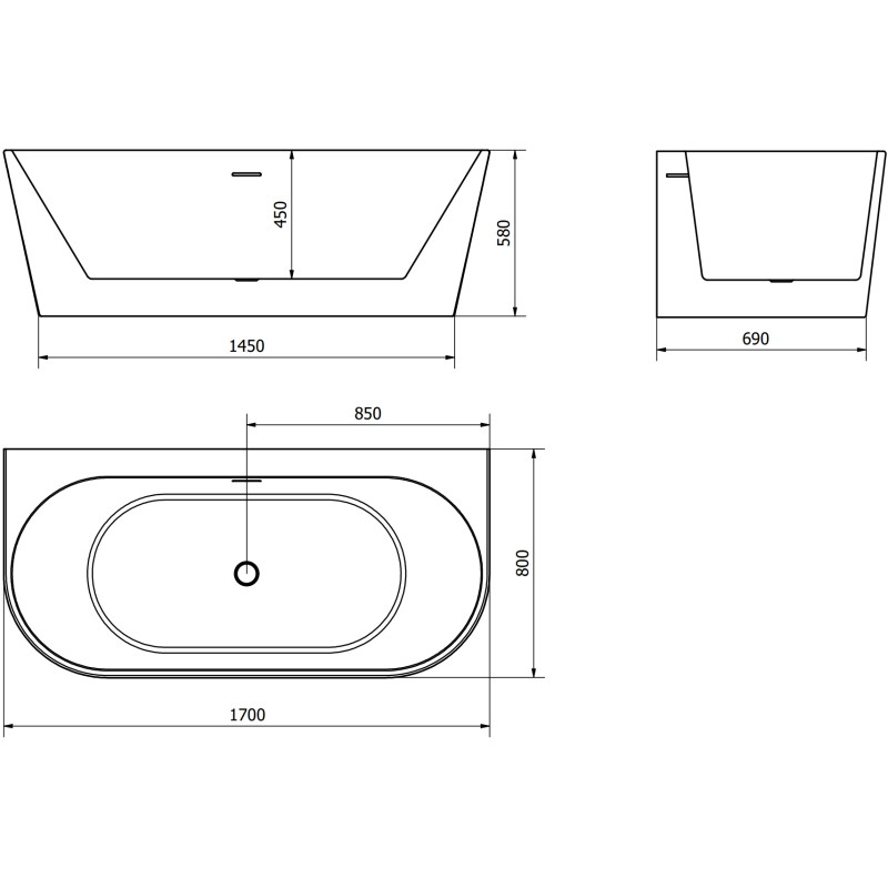 Mexen Oval+ vrijstaand bad tegen de muur 170 x 80 cm, wit, overloop chroom - 52681708000-01