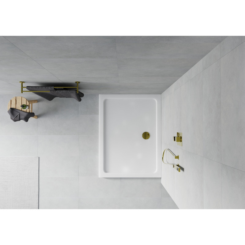 Mexen Flat slim rechthoekige douchebak 100 x 80 cm, wit, gouden sifon - 40108010G