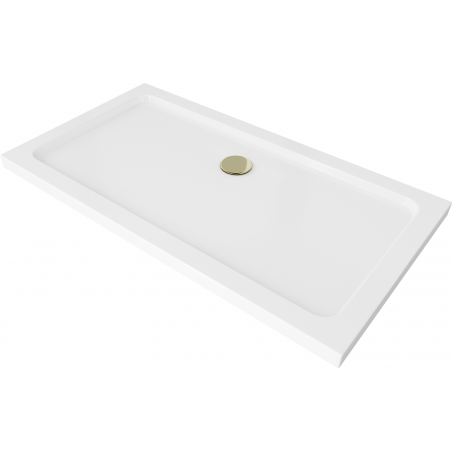 Mexen Flat slanke rechthoekige douchebak 140 x 70 cm, wit, gouden sifon - 40107014G
