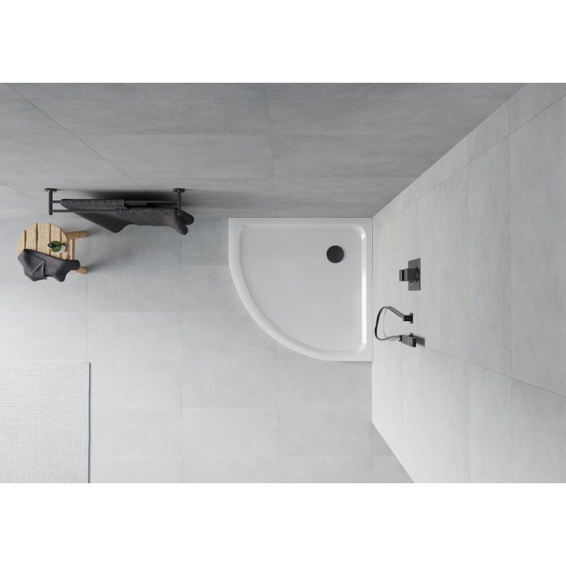 Mexen Flat semicircular slim shower tray 90 x 90 cm, white, black siphon - 41109090B