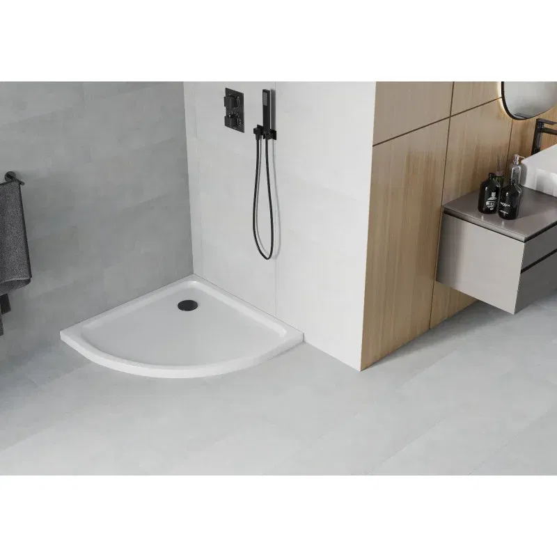 Mexen Flat Duschwanne halbkreisförmig Slim 80 x 80 cm, weiß, Siphon schwarz - 41108080B