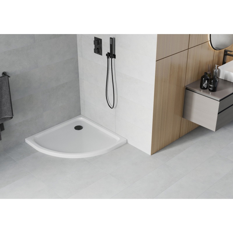 Mexen Flat semicircular shower tray slim 80 x 80 cm, white, black siphon - 41108080B