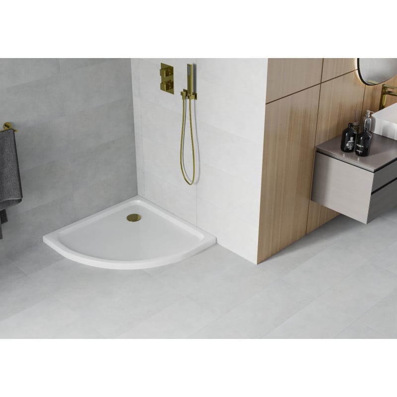 Mexen Flat Halbrunde Duschwanne Slim 90 x 90 cm, Weiß, Goldener Siphon - 41109090G