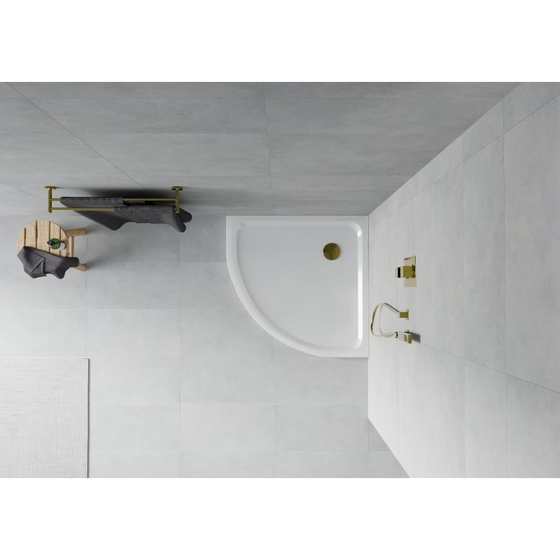 Mexen Flat semi-circular slim shower tray 70 x 70 cm, white, gold siphon - 41107070G
