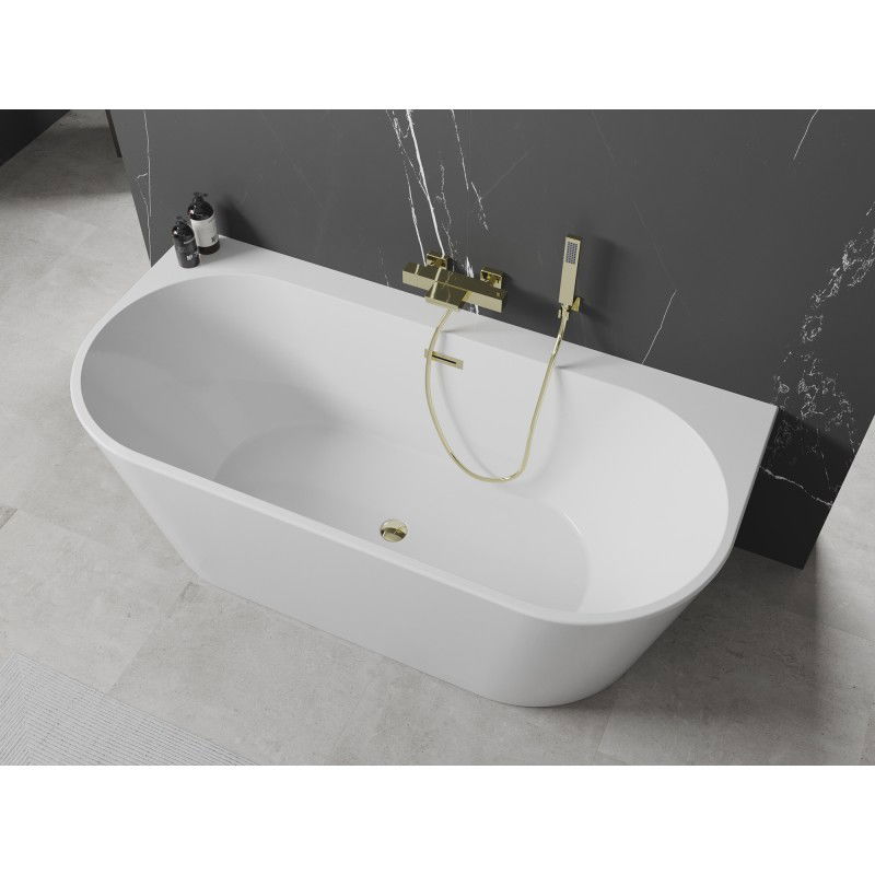 Mexen Oval+ freistehende, wandmontierte Badewanne 170 x 80 cm, weiß, Überlauf gold - 52681708000-50
