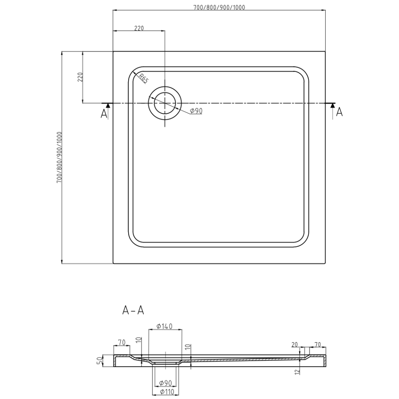Mexen Flat slim vierkante douchebak 80 x 80 cm, zwart, zwarte sifon - 40708080B