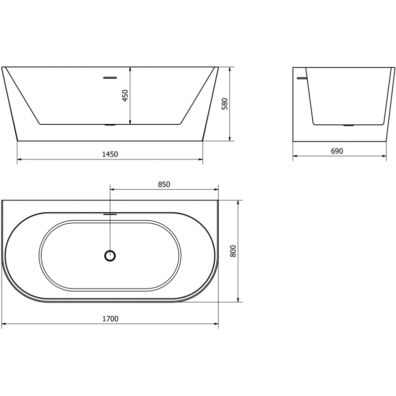 Mexen Oval+ freistehende wandnahe Badewanne 170 x 80 cm, weiß, Überlauf gebürstetes Gold - 52681708000-55