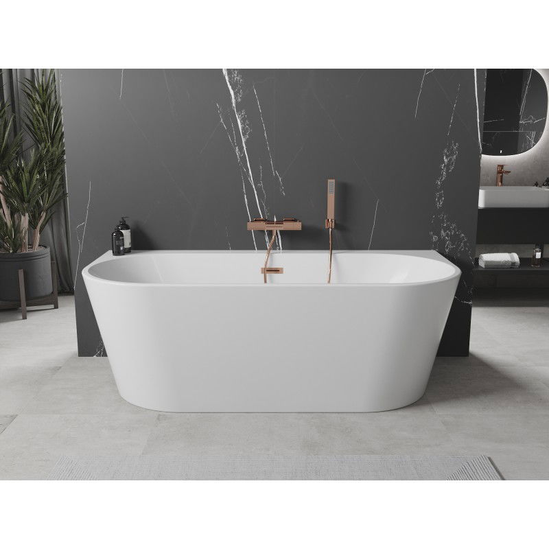 Mexen Oval+ vasca da bagno indipendente a muro 170 x 80 cm, bianca, troppo pieno oro rosa - 52681708000-60