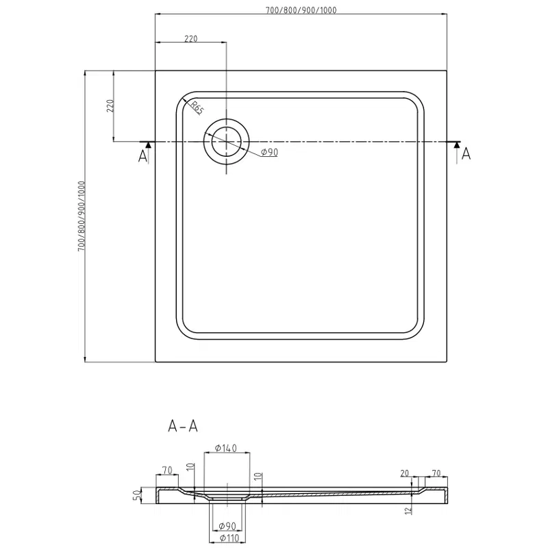 Mexen Flat quadratische Duschwanne Slim 80 x 80 cm, weiß, schwarzer Siphon - 40108080B