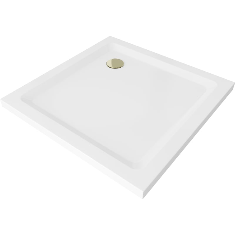 Mexen Flat kvadratni tuš slim 100 x 100 cm, bijeli, zlatni sifon - 40101010G