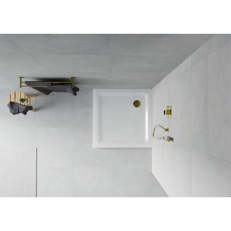 Mexen Flat kvadratni tanek tuš 100 x 100 cm, bel, zlati sifon - 40101010G