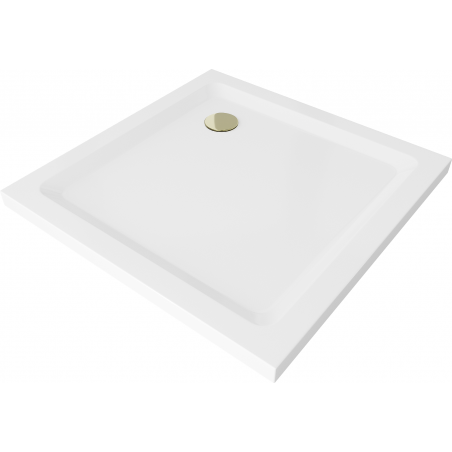 Bac de douche carré slim Mexen Flat 90 x 90 cm, blanc, siphon doré - 40109090G