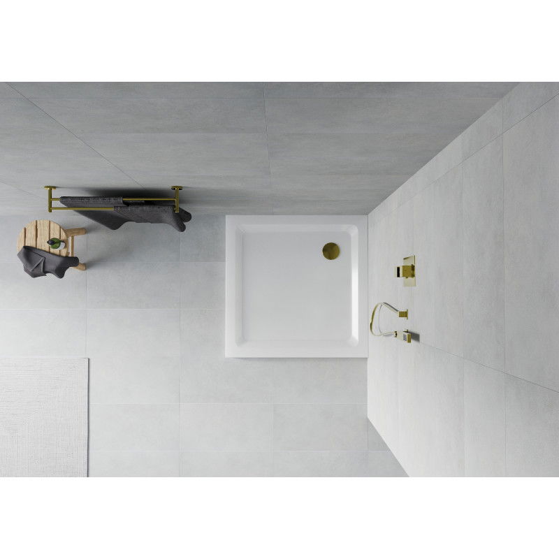 Mexen Flat base de duche quadrada slim 90 x 90 cm, branca, sifão dourado - 40109090G