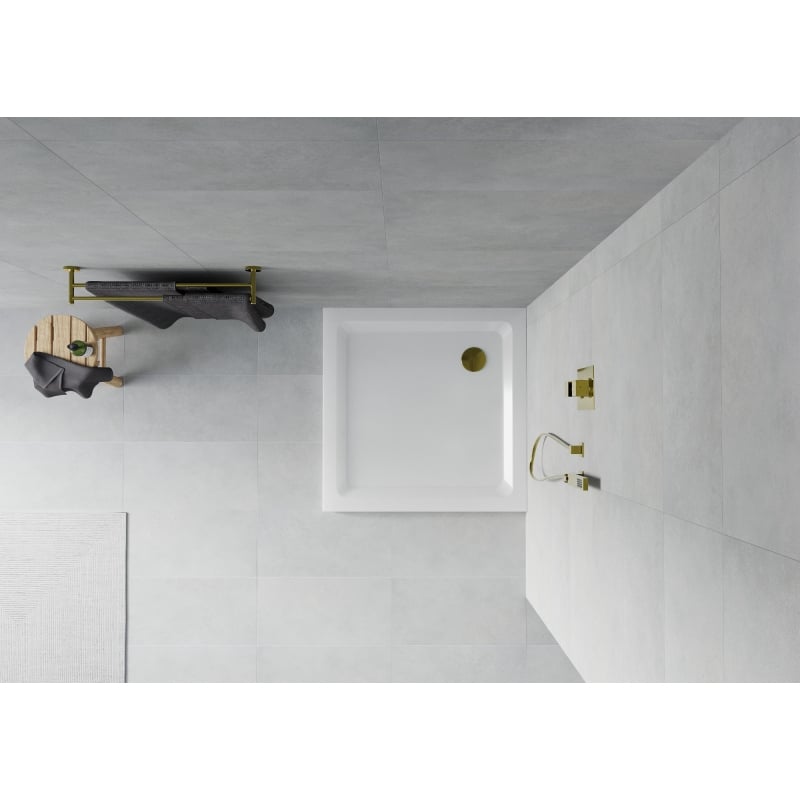 Mexen Flat slim square shower tray 90 x 90 cm, white, gold siphon - 40109090G