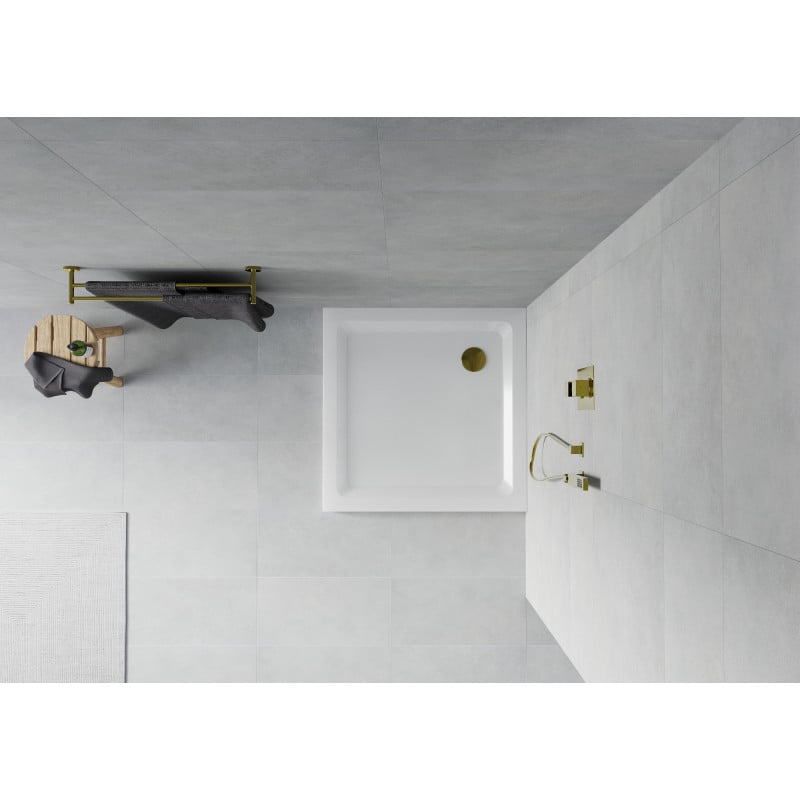 Mexen Flat plato de ducha cuadrado slim 80 x 80 cm, blanco, sifón dorado - 40108080G