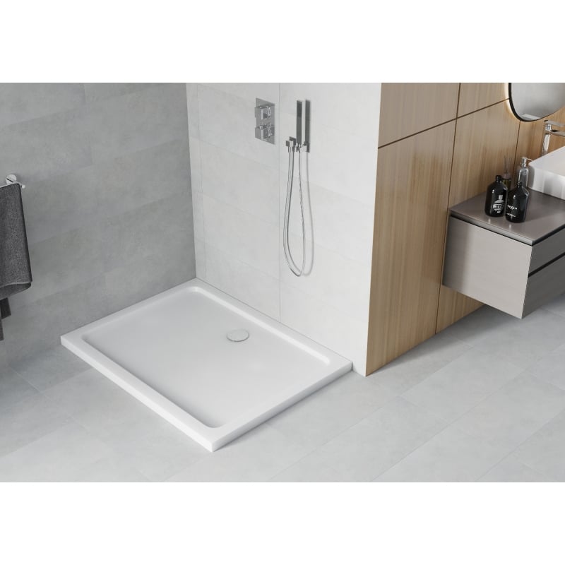 Mexen Flat rectangular slim shower tray 140 x 100 cm, white, chrome trap - 40101014