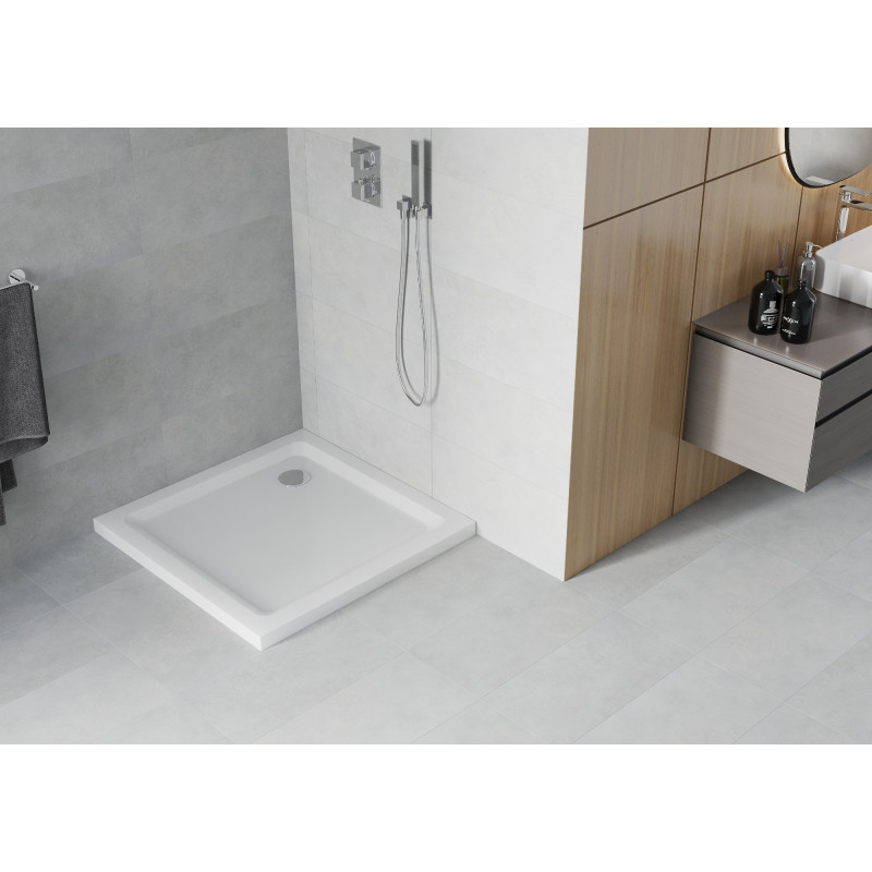 Mexen Flat Quadratische Duschwanne Slim 80 x 80 cm, weiß, Chrom-Siphon - 40108080