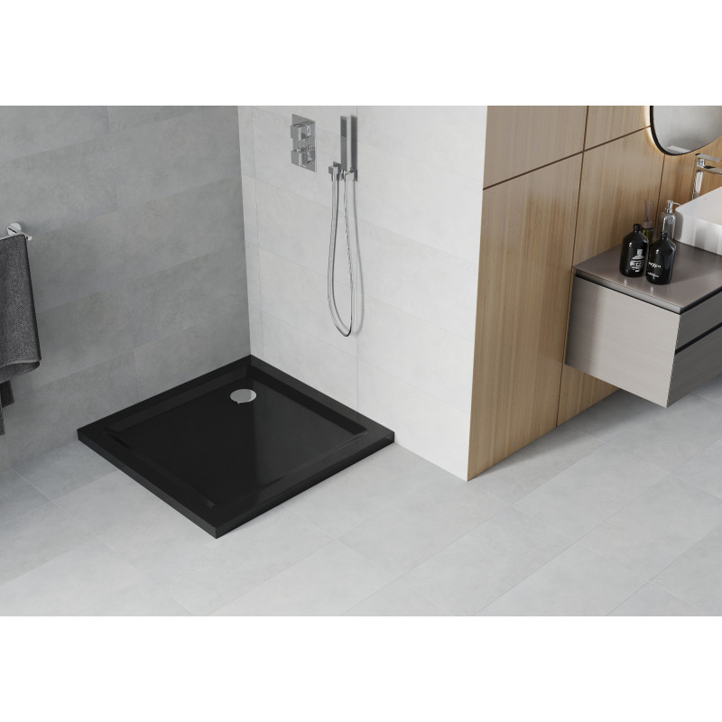 Mexen Flat brodzik kwadratowy slim 80 x 80 cm, czarny, syfon chrom - 40708080