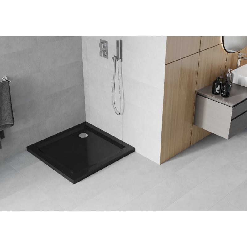 Mexen Flat ruudukujuline dušinurk slim 80 x 80 cm, must, sifoon kroom - 40708080