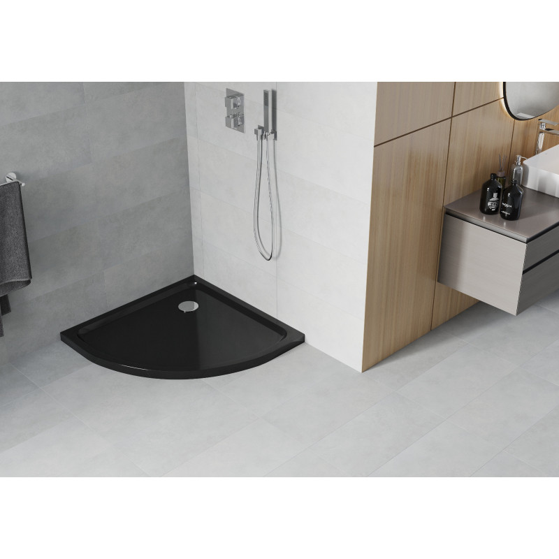 Mexen Flat halfronde douchebak slim 80 x 80 cm, zwart, chroom sifon - 41708080