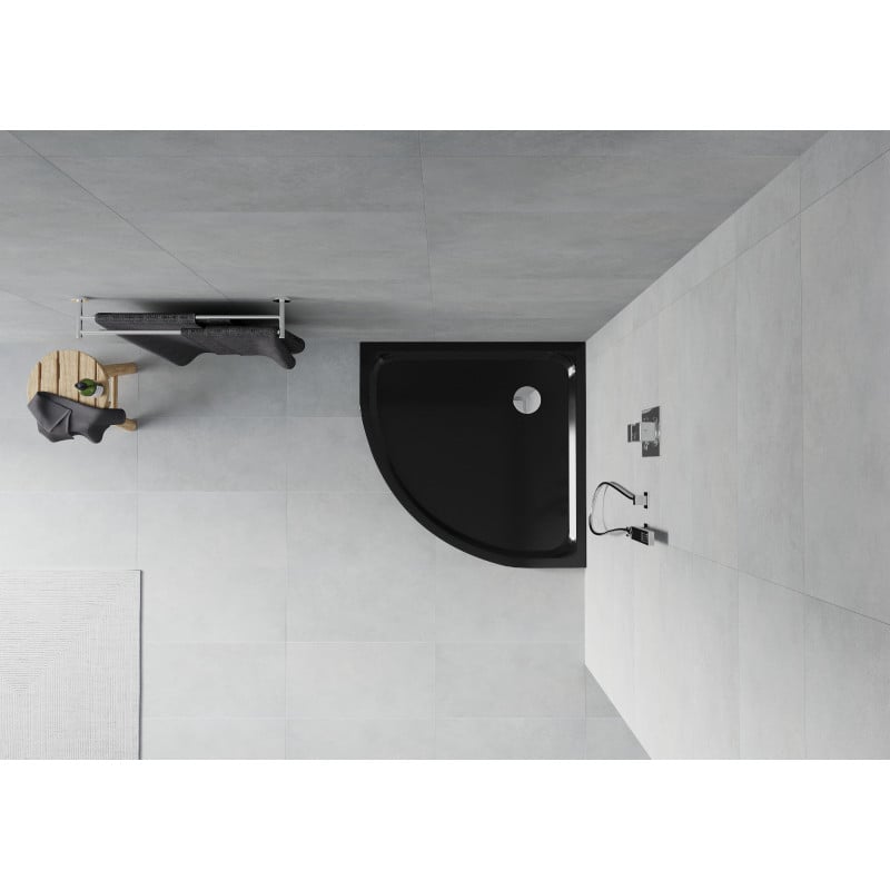 Mexen Flat semi-circular slim shower tray 90 x 90 cm, black, chrome siphon - 41709090